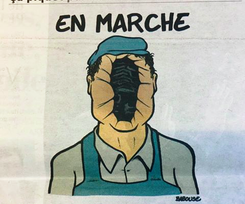 Dessin d'un ouvrier le visage écrasé par une empreinte de chaussure, paru dans l'Humanité