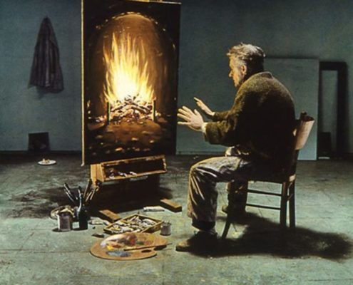 Artiste pauvre se chauffant les mains devant la toile d'une cheminée