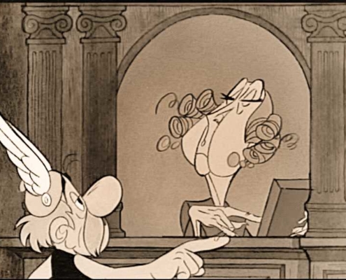 Astérix devant une guichetière de la maison qui rend fou dans les 12 travaux d'Astérix