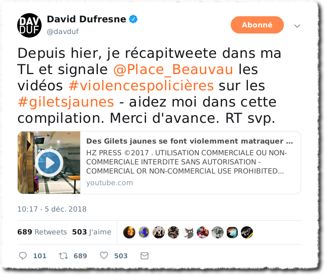 Tweet Allo place Beauvau pour dénoncer les violences policières